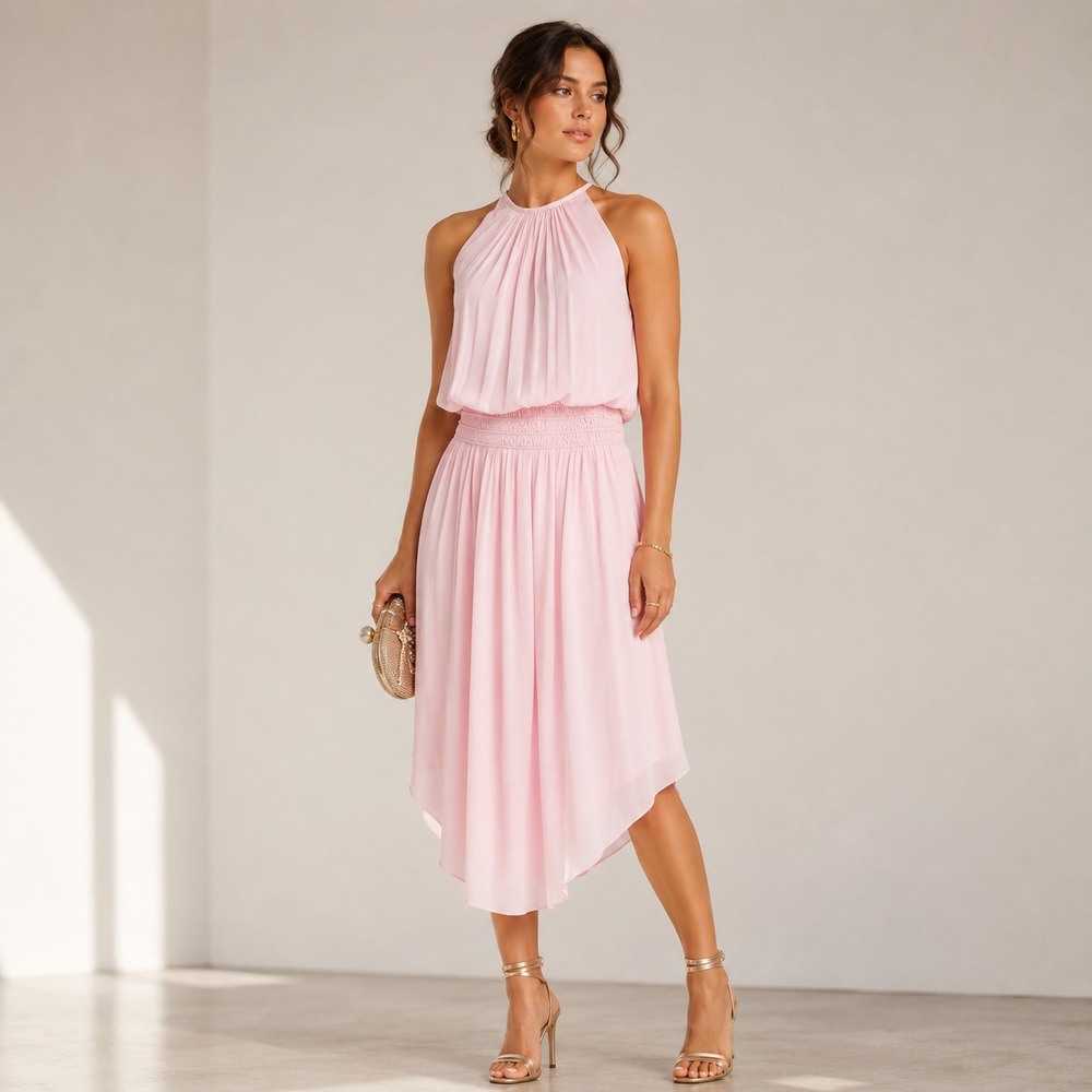 RAMY BROOK NEW YORK Women's SMALL Midi Dress Pink Smocked Waist High Low